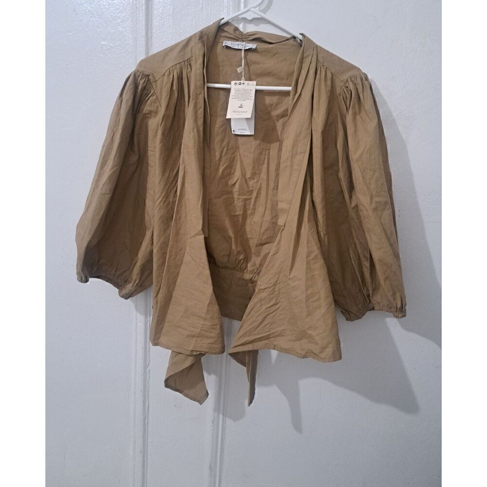 Violeta Mng Womens 1xl Baloon Sleeve Tie Front Duster Top Tan - Picture 2 of 9